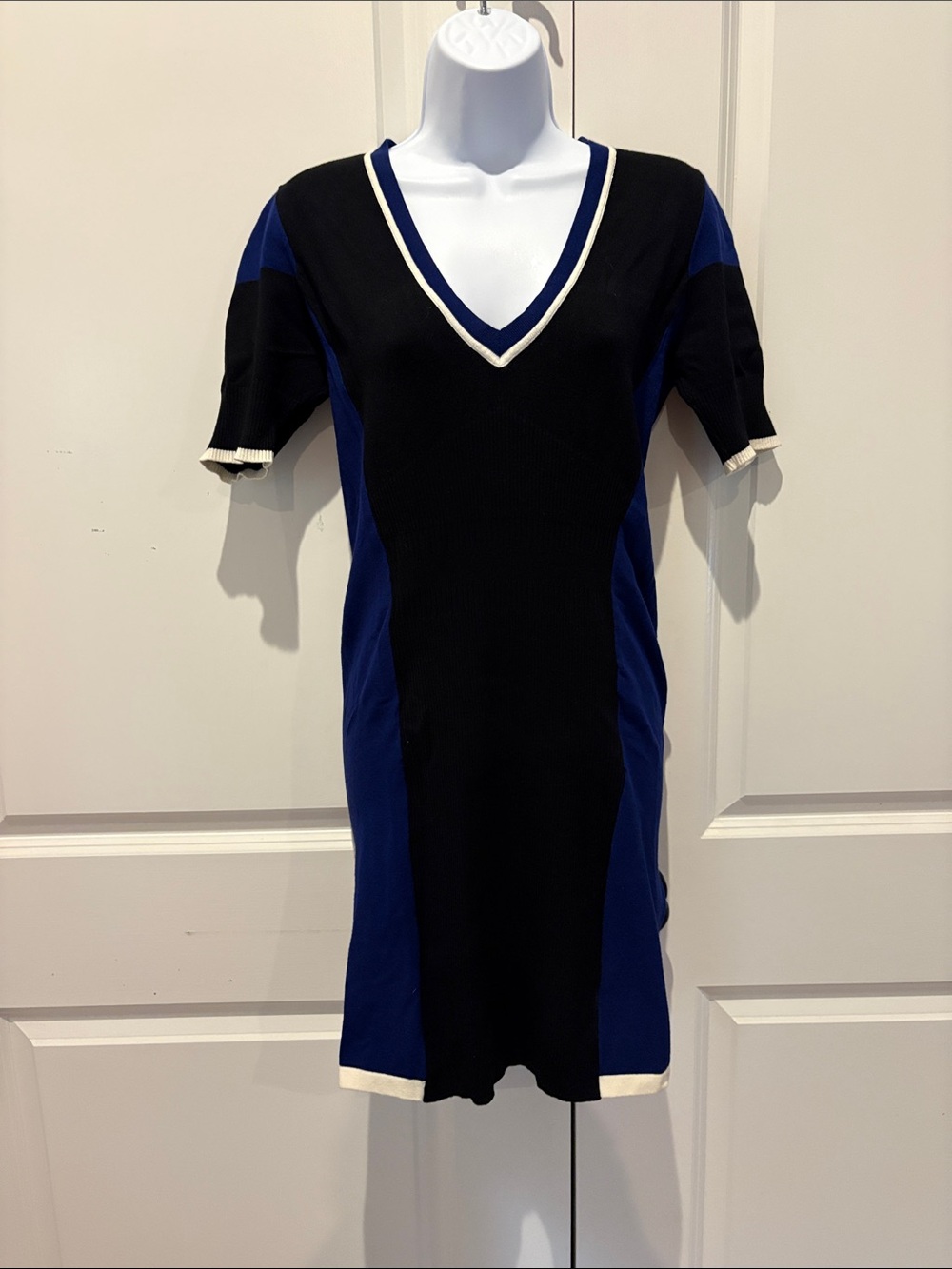 Karen Millen Black and Blue V‑Neck Knit Dress with White Trim